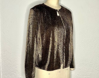 Gold Bronze and Black 80s 90s Y2K Metallic Long Sleeve Vintage Summer Sparkle Cardigan Sweater Blouse Shirt Sweater Shirt by Lauren Lee