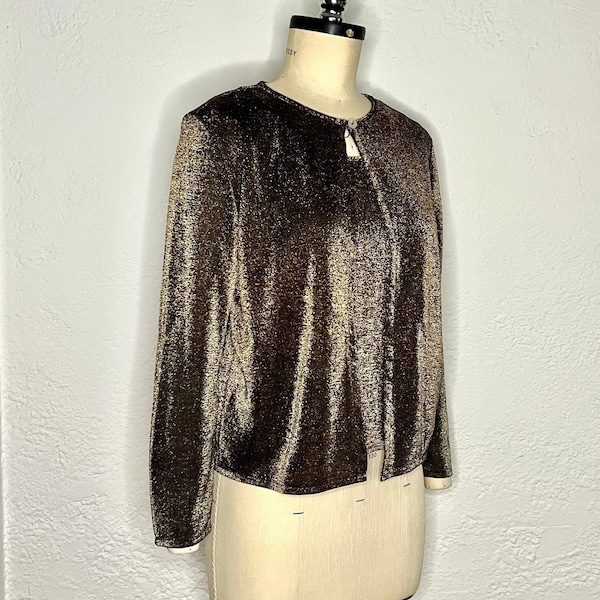 Gold Bronze and Black 80s 90s Y2K Metallic Long Sleeve Vintage Summer Sparkle Cardigan Sweater Blouse Shirt Sweater Shirt by Lauren Lee