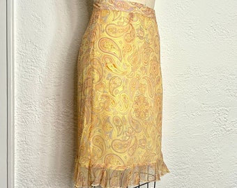 90s Y2K lightweight Silk ruffle high waisted A Line floral Midi skirt in Yellow and pink paisley Print Spring Summer fairycore cottagecore