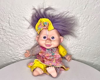90s Large Magic Troll Poseable Plush Doll in a Dress and Bow in her Purple Hair and Eyes by Russ Berrie and Co and Applause Collectible