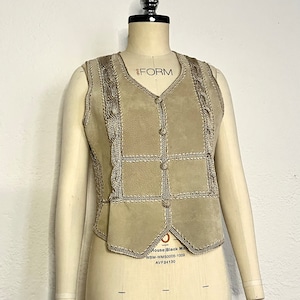 Vintage 90s Leather Suede Light Tan Vest Hand Knit in China SMH with Rayon Thread Trim Sleeveless Jacket Knitted Gift Womens Vest Beige Vest