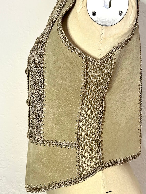 Vintage 90s Leather Suede Light Tan Vest Hand Kni… - image 6