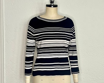 90s Knit Striped Large Pullover Three Quarter Long Sleeve Sweater in Black and White by Carole Little Made of 100 Percent Cotton Hong Kong