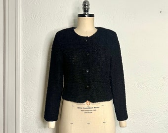 90s Y2K Fuzzy Black Chunky Loose Knit Cropped Crewneck Medium Angora Cardigan sweater for women with Shoulder Pads and Long Sleeves