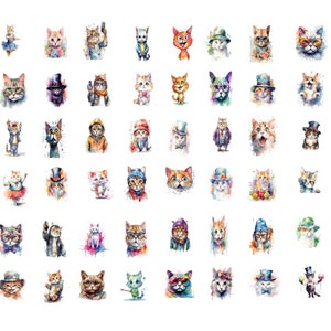 Watercolor Cats PNG Bundle - 62 Cats Watercolor Clipart PNGs, Cats Clipart, Animals Clipart, Watercolor Animals, Instant Digital Download