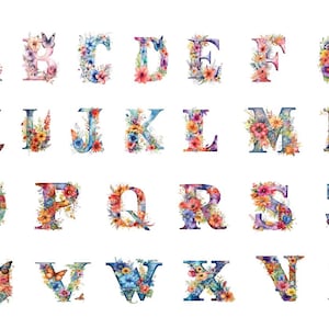 Clipart alfabeto floreale dell'acquerello, alfabeto floreale, sfondo trasparente, alta qualità, clipart, uso commerciale