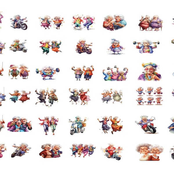 Clipart engraçado de velhinhas em aquarela: pacote de PNG de vovós (download digital)