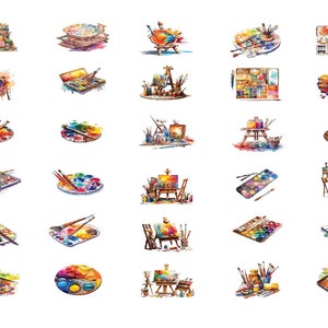 May include: A collection of watercolor illustrations of various art supplies, including paint palettes, paintbrushes, easels, and paint tubes. The illustrations are colorful and whimsical, and they would be perfect for use in a variety of creative projects.