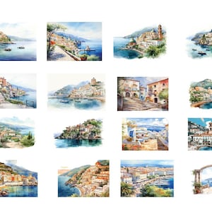 Amalfi Coast, Italy clipart, 16 High quality JPGs, Commercial use, Instant download, Italian town, Card making, Greeting card, Seaside view