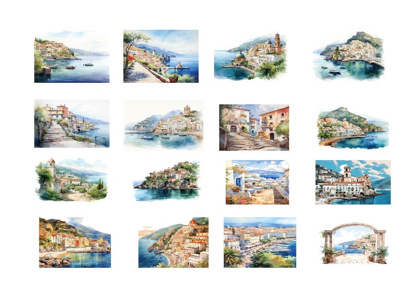 Amalfi Coast, Italy clipart, 16 High quality JPGs, Commercial use, Instant download, Italian town, Card making, Greeting card, Seaside view image 1