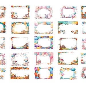 水彩画の誕生日パーティーのボーダーとフレームのクリップアート 25 個セット - 透明な背景のデジタル PNG グラフィックスをダウンロード - 商用利用