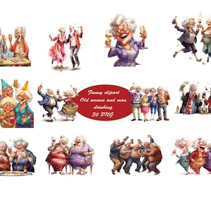 Acuarela personas mayores bebiendo fiesta clipart ilustración, sublimación de personas mayores felices, hombres y mujeres borrachos divertidos ilustración de imágenes prediseñadas