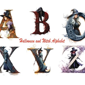 26 PNG Watercolor Halloween and Witch Alphabet Clipart,  Illustration Clip art, Dark Fantasy Alphabet png, Creepy Typography Sublimation