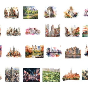 Aquarelle New York City 24 Clipart, fichiers numériques PNG sur fond blanc, scrapbooking, invitations, usage commercial, téléchargement immédiat