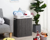 Handmade 100L Grey Bamboo Laundry Basket Laundry Hamper with 2 Sections Bamboo Foldable Laundry Storage Bin Removable Cover Washable Lining