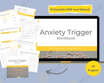 Puede incluir: Una imagen digital de un libro de trabajo PDF imprimible titulado "Anxiety Trigger Workbook" con 15 páginas. El libro de trabajo está diseñado para ayudar a las personas a identificar y gestionar los desencadenantes de la ansiedad. La imagen muestra la pantalla de una computadora portátil que muestra la portada del libro de trabajo, que presenta una bola de cuerda roja y blanca enredada sobre un fondo gris. La portada del libro de trabajo también incluye el título "Anxiety Trigger Workbook" y el texto "PDF Printable Worksheets". La imagen también muestra una estrella amarilla con el texto "15 Pages!" sobre un fondo azul.