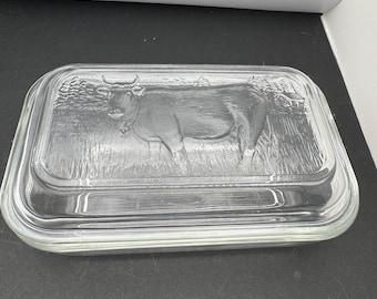 Vintage Arcoroc France Clear Glass Butter Dish, Embossed Dairy Cow Lid, Mid-Century Modern Farmhouse Refrigerator Dish