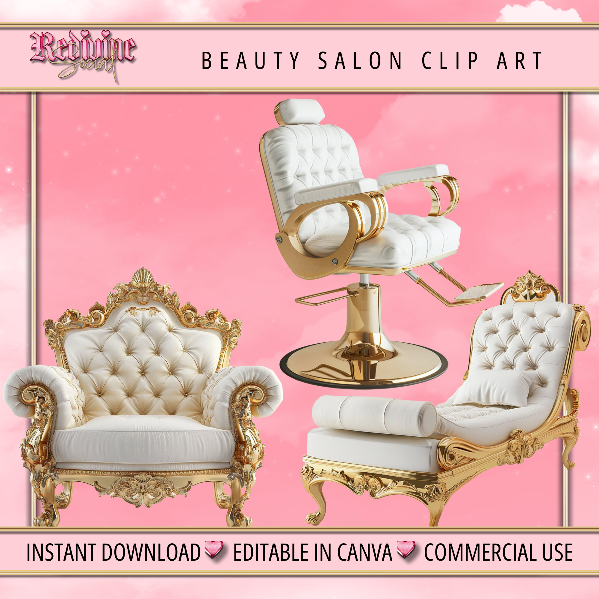 Beauty Salon Clip Art, Digital PNG Image, Gold and White Salon