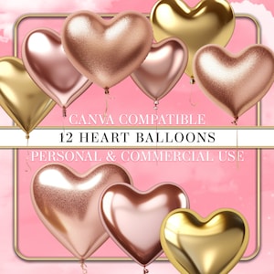 Chrome Party Balloons, Gold Heart Balloons, Celebration Clip Art, Rose Gold Balloons, Chrome Gold Clip Art, Glitter Balloons, Party Clip Art