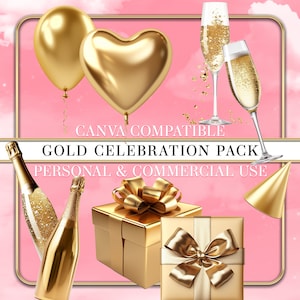 Lot célébration or, clipart fête, clipart célébration, lot or, clipart ballons, paillettes d'or, Champagne PNG, clipart boîte cadeau