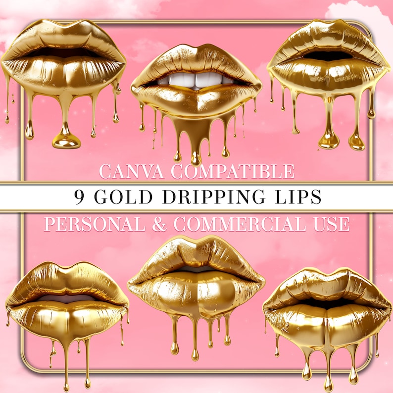 Gold Chrome Dripping Lips, Chrome Lips, Gold Lips, Aesthetics Clip Art
