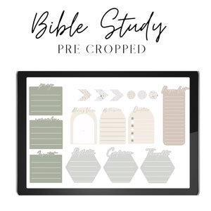 Op de afbeelding: Een digitaal tabletscherm waarop een set printbare stickers voor een Bijbelstudie-planner te zien is. De stickers zijn in tinten groen, beige en wit met bloem- en geometrische patronen. De stickers bevatten secties voor gebed, schrift, inzichten, reflectie, bijschriften, gedachten en een gebedenlijst.