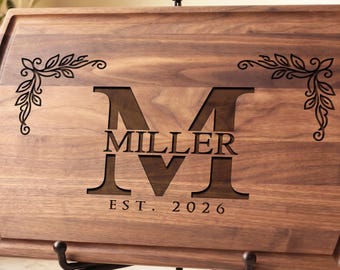 Personalized Walnut Cutting Board, Custom Engraved Monogram Wedding Gift for Couple