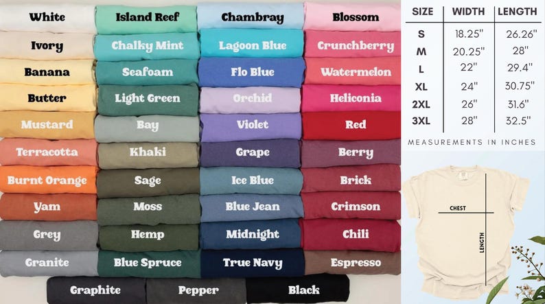 Może przedstawiać: Karta kolor&oacute;w dla koszulek, prezentująca szeroką gamę odcieni od bieli do czerni. Karta zawiera kolory takie jak "Island Reef", "Chambray" i "Blossom". Wymiary w calach podane są dla rozmiar&oacute;w od S do 3XL.