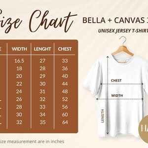 May include: Size chart for Bella + Canvas 3001 unisex jersey t-shirt. The chart shows measurements in inches for width, length, and chest for sizes XS to 5XL.
