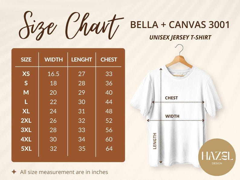 May include: Size chart for Bella + Canvas 3001 unisex jersey t-shirt. The chart shows measurements in inches for width, length, and chest for sizes XS to 5XL.