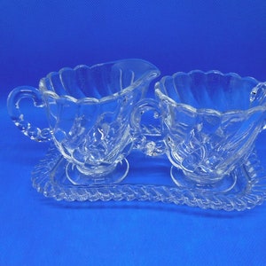 Fostoria Glass Colony Clear Swirled Creamer, Open Sugar Bowl And Tray Set