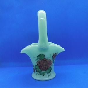 Mosser Glass Green Jadeite Basket Handpainted Flowers (EX)
