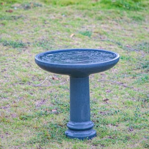 May include: A dark teal bird bath filled with water, set on a pedestal base. The bird bath has a shallow, round basin and a sturdy, cylindrical pedestal. The bird bath is placed on a grassy lawn.