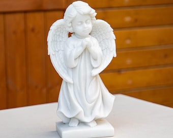 白大理石の天使像 | 手彫りの祈る天使の置物 | 室内ガーデン装飾 | 天然石のオーナメント