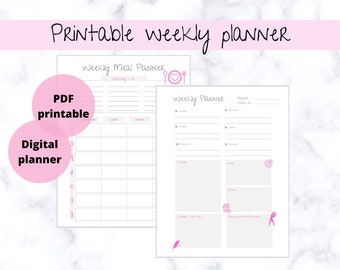 printable weekly planner, Printable weekly meal planner, time organizer, planner to get you organized, 2 formats, schedule, pdf print