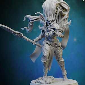 May include: A detailed, unpainted miniature figure of a warrior woman holding a spear. The figure is approximately 120 mm tall. The figure has ornate armor and flowing hair. The image includes the text "PATREON | SHAMMAK".