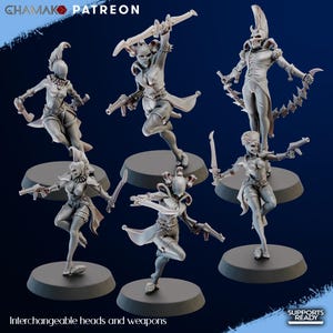 May include: Five 3D printed miniature figures of characters wearing jester costumes and holding weapons. The figures are posed in dynamic stances and are ready to be painted.