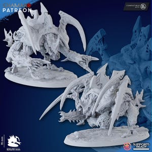Puede incluir: Dos figuras en miniatura blancas y detalladas de una criatura con garras afiladas y un cuerpo segmentado. Las figuras están sobre una base que se asemeja a un terreno rocoso. Las figuras están etiquetadas como "Supports Ready" y "Compatible with One Page Rules".