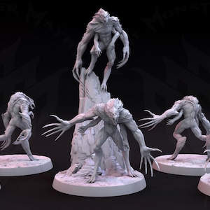 May include: A collection of white monster figurines with sharp claws and a menacing appearance. The figures are in various poses, some standing, others climbing a rock formation. The background is dark, with the words "Monster Mayhem" visible.