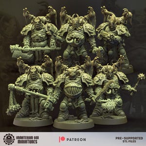 Peut inclure: Plusieurs figurines miniatures détaillées, de couleur verte, représentant des guerriers en armure, chacun tenant une arme comme une hache, une masse ou une épée. Les figurines ont des traits grotesques et sont en position de combat. Le texte "IMMATERIUM GOD MINIATURES", "PATREON", et "PRE-SUPPORTED STL FILES" est inclus.