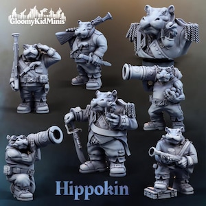 May include: A set of seven miniature hippopotamus figurines, each wearing a different military uniform and holding a weapon. The figurines are painted in shades of gray and are standing on a gray background. The text "Hippokkin" is printed below the figurines.