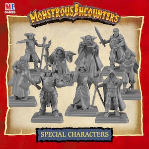 May include: A selection of grey miniature fantasy figures, including wizards, warriors, and a skeletal character. The figures are on individual bases and are labelled "Special Characters" with the title "Monstrous Encounters" at the top.