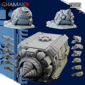 May include: A collection of gray, 3D-printed miniature models of a drill tank and various weapon components. The drill tank features a large drill bit, a gear on top, and a textured surface. The models are designed for tabletop gaming.