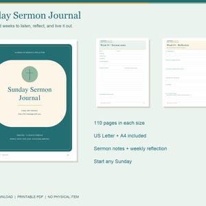 以下が含まれることがあります： Sunday Sermon Journalのデジタルダウンロード。ティールカラーの表紙に十字架のアイコンとSunday Sermon Journalの文字。USレターおよびA4サイズで110ページ構成。説教のメモと週ごとの振り返りセクションが含まれています。