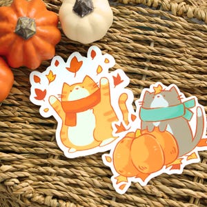 May include: Two cat stickers with autumn themes, one orange and one gray, wearing scarves and surrounded by leaves. Small pumpkins in orange and white are arranged around the stickers on a woven surface.