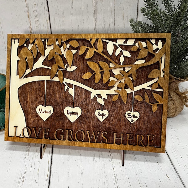 Custom Wooden Family Tree Engraved Hanging Hearts Personalized Family Names Heirloom Handmade Tree Decor for Ancestry Gift for Grandparents