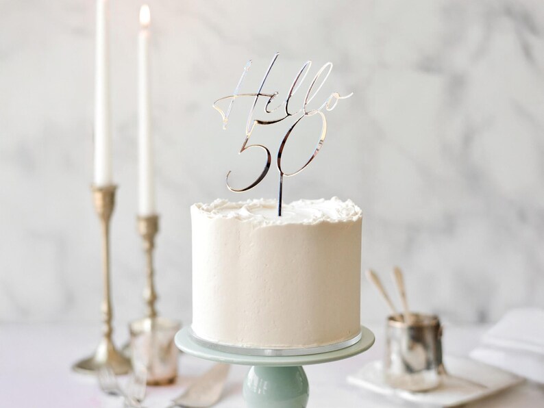 Hello 50 Cake Topper, 50th Birthday Decoration, Fiftieth Birthday Party Decor, 50th Cake Topper Silver