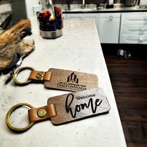 Custom Logo Keychain – Realtor Closing Gift, Wooden & Leather Keychain, Client Gift, Personalized Logo Keyring