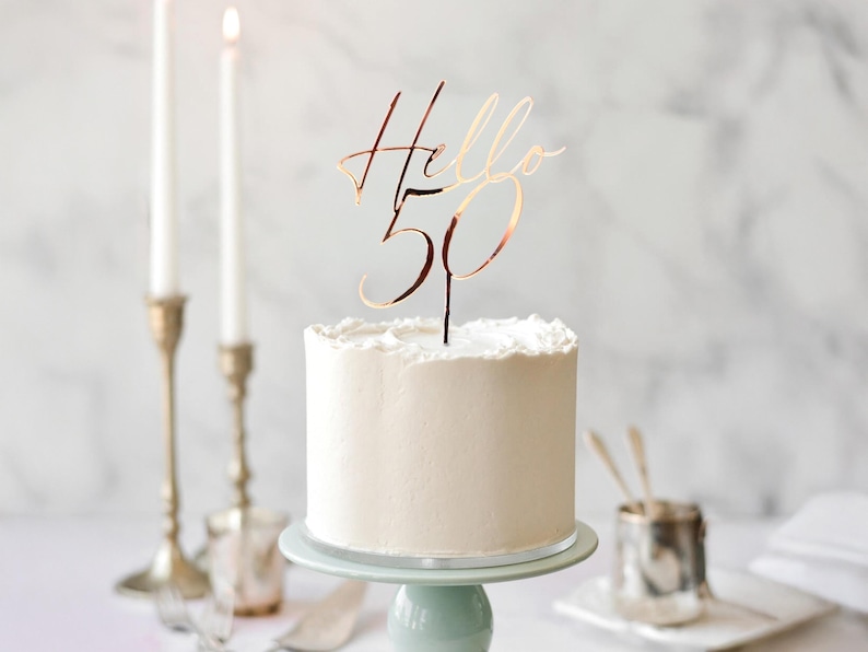 Hello 50 Cake Topper, 50th Birthday Decoration, Fiftieth Birthday Party Decor, 50th Cake Topper Rose Gold