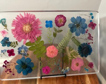 Bandeja de resina floral, flores prensadas, decoración para el hogar